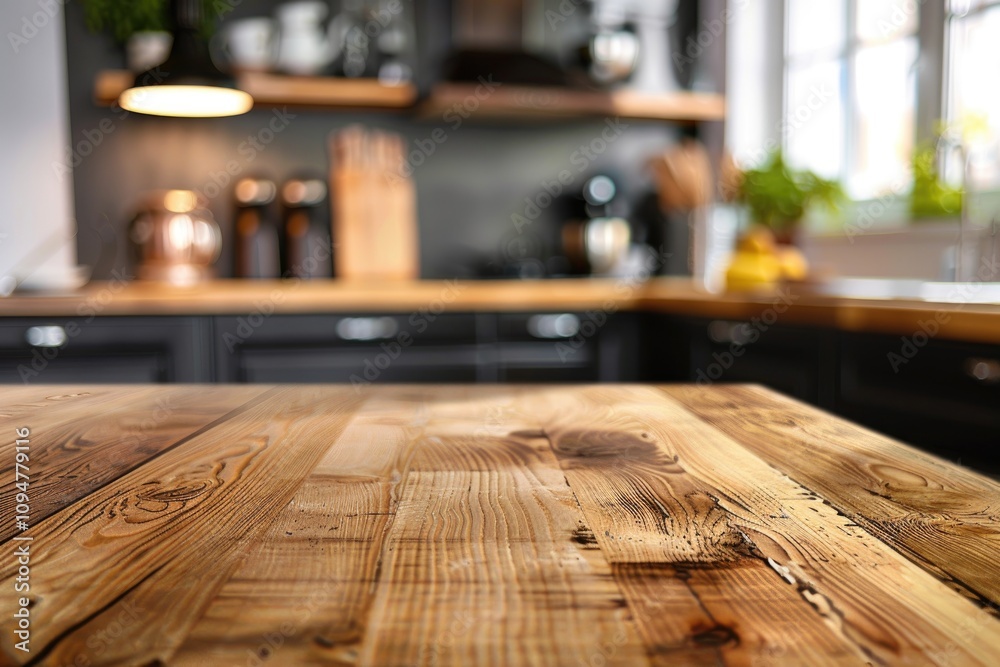 Rustic Wooden Kitchen Counter with Modern Shelves and Kitchenware