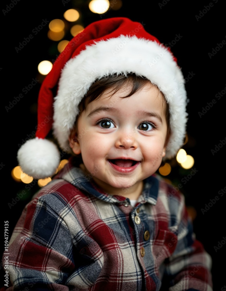 Joyful baby looking at camera in christmas costume Joyful baby looking at camera in christmas costume