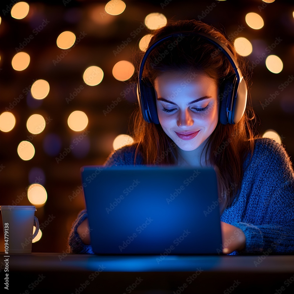 Young woman enjoying a cozy night of online activities Young woman enjoying a cozy night of online activities
