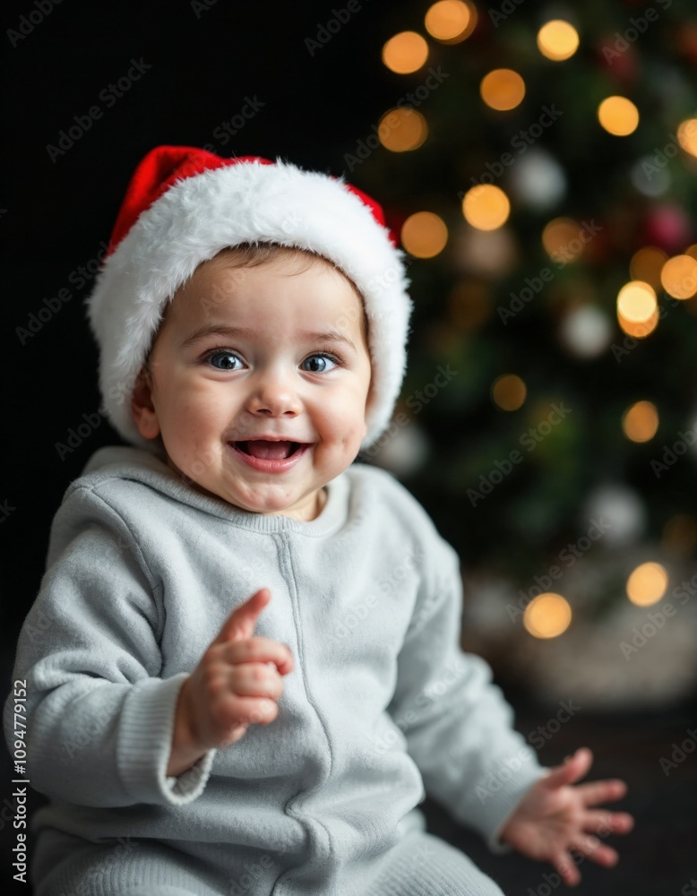 Joyful baby looking at camera in christmas costume Joyful baby looking at camera in christmas costume