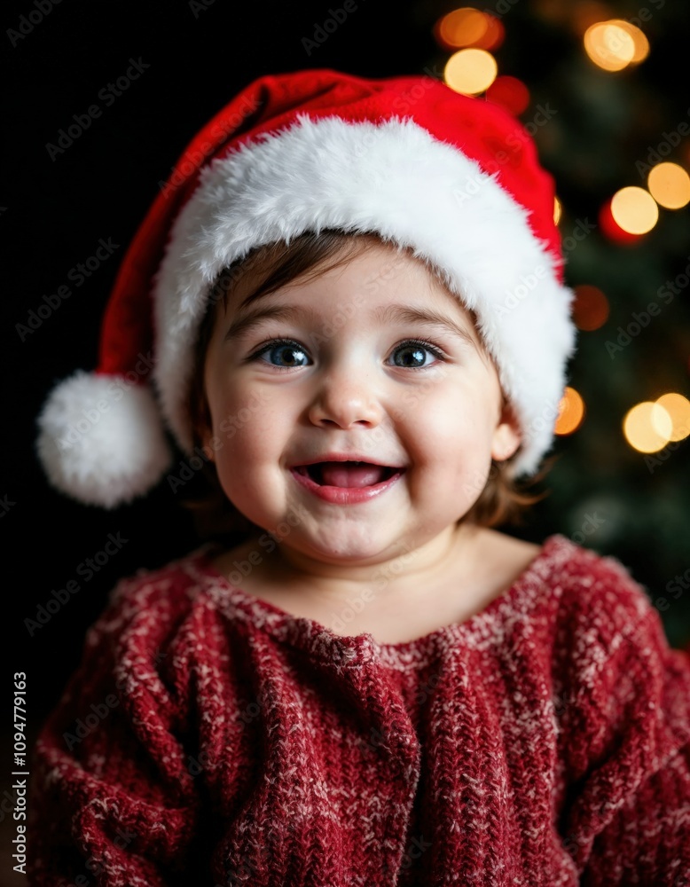 Joyful baby looking at camera in christmas costume Joyful baby looking at camera in christmas costume