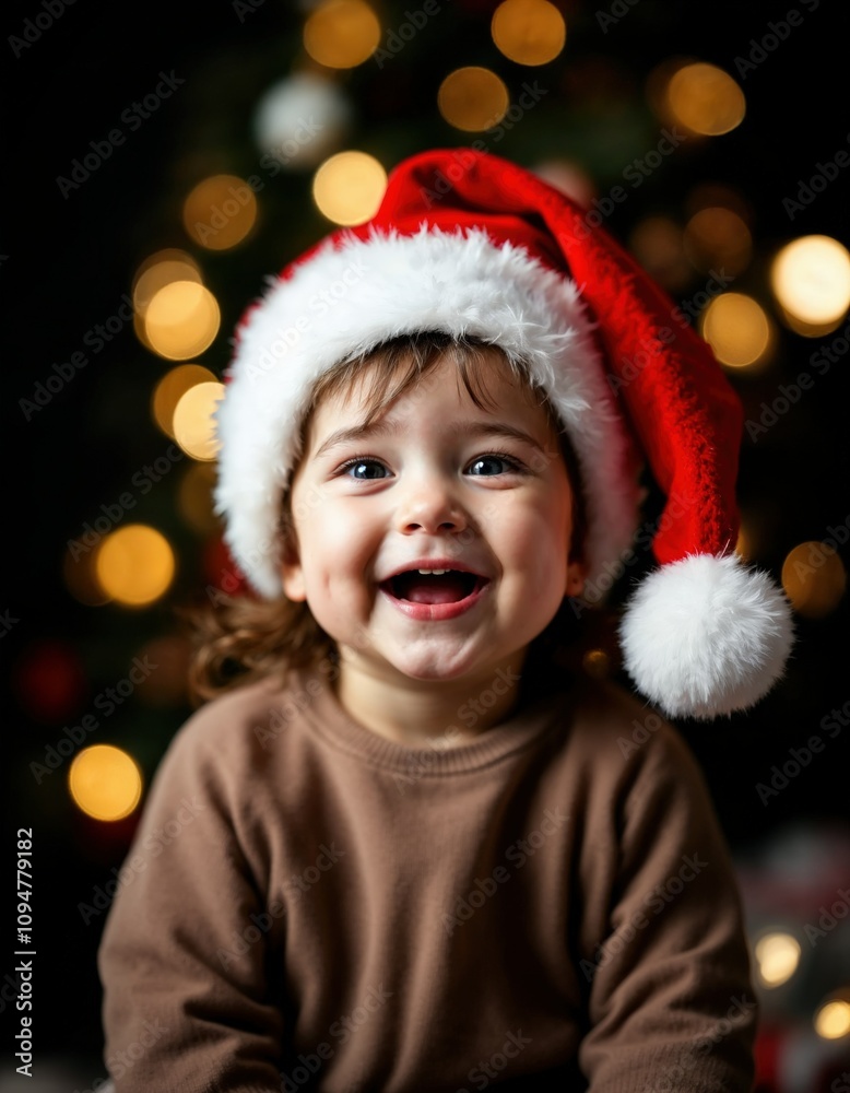 Joyful baby looking at camera in christmas costume Joyful baby looking at camera in christmas costume