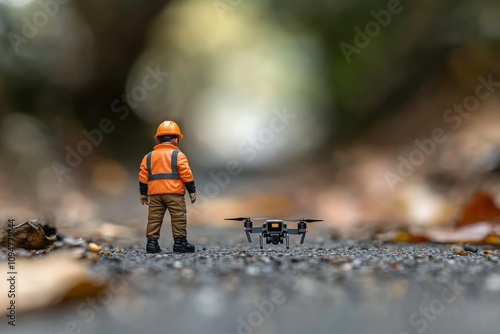 A miniature construction worker stands in front of a drone on a winding road, surrounded by blurred foliage and autumn leaves.