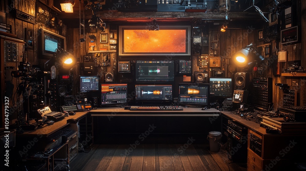 A Cluttered and Dimly Lit Music Production Studio A Cluttered and Dimly Lit Music Production Studio