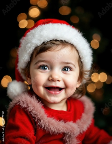 Joyful baby looking at camera in christmas costume 