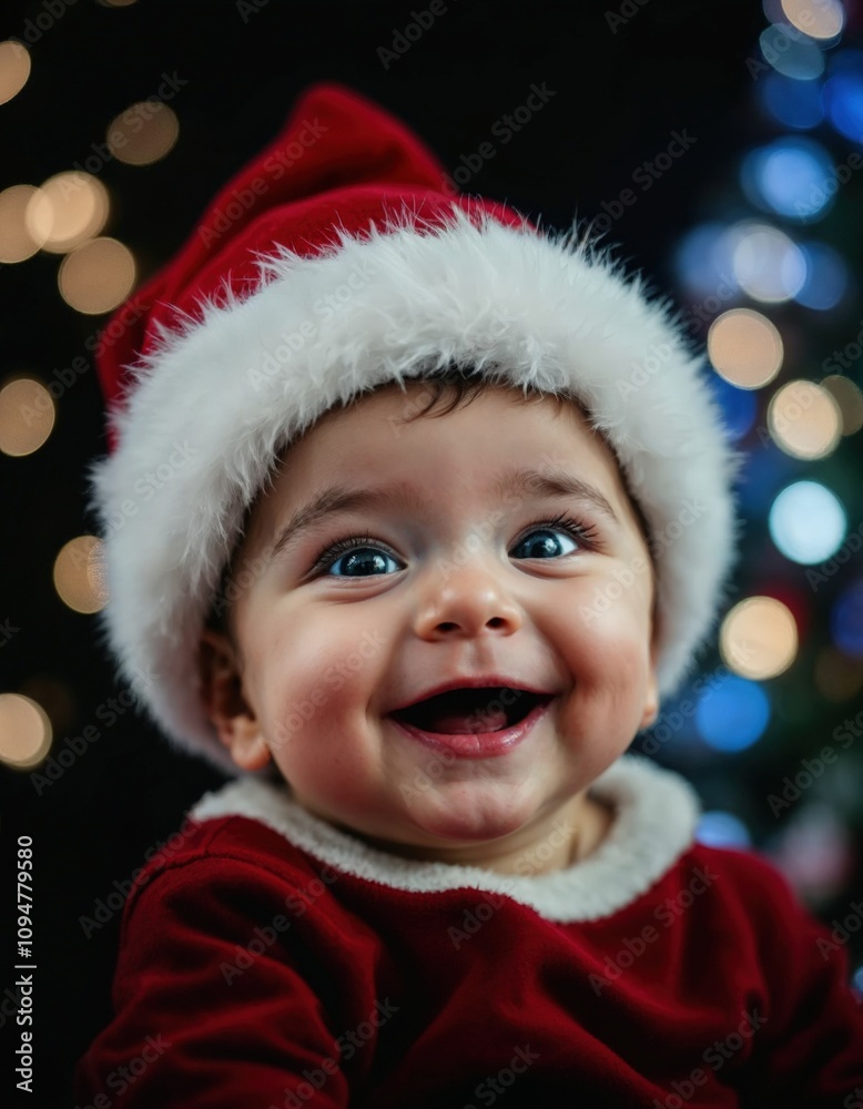 Joyful baby looking at camera in christmas costume 