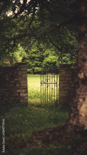 A rustic gate opens to a lush green field, framed by trees and stone walls.