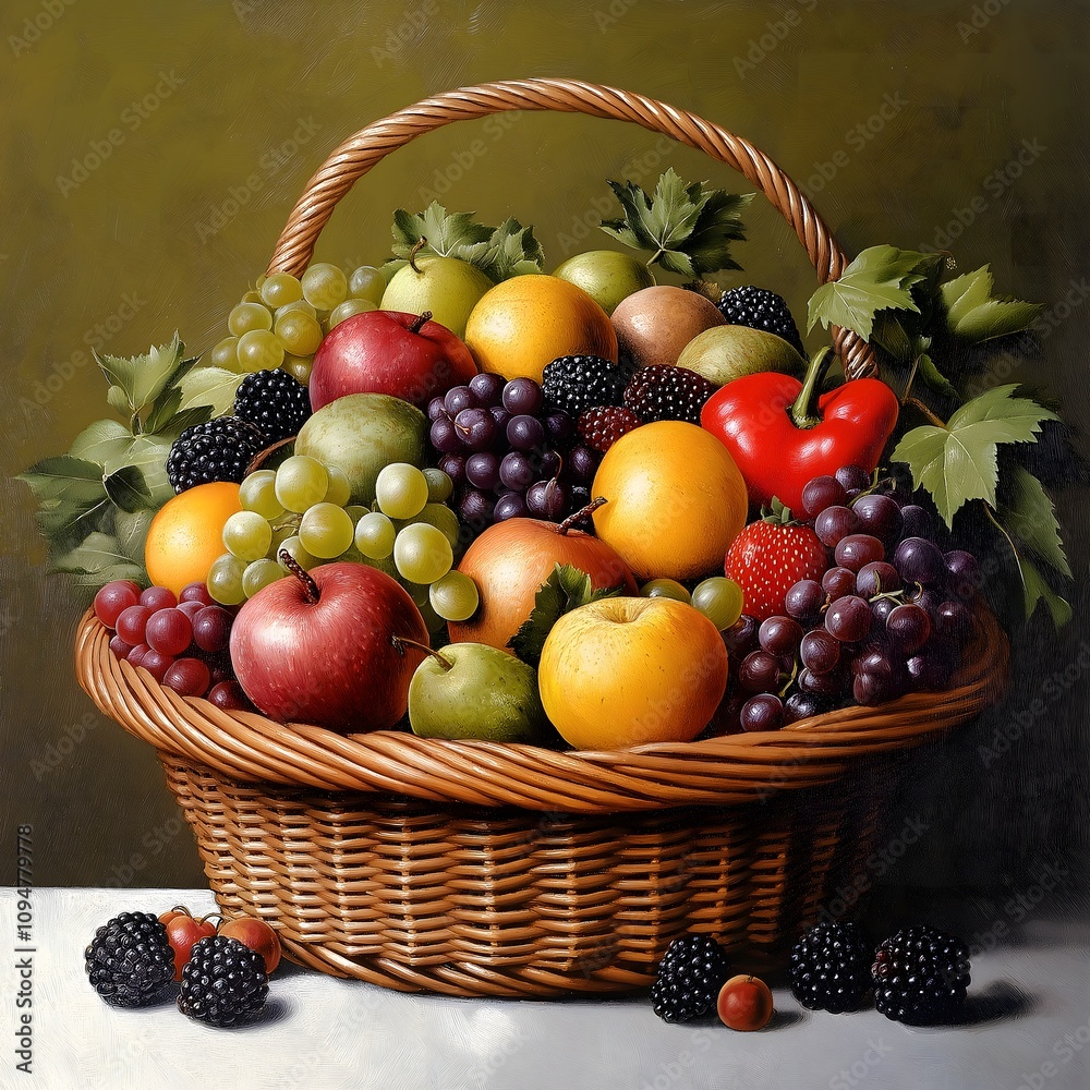 Overflowing wicker basket filled with assorted fresh fruits including apples, grapes, oranges, berries, and a bell pepper. Overflowing wicker basket filled with assorted fresh fruits including apples, grapes, oranges, berries, and a bell pepper.