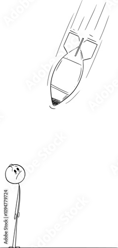 Person looking at falling air bomb, war and bombing of civilians , vector cartoon stick figure or character illustration.