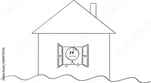 Frustrated person looking through window of family house during flood , vector cartoon stick figure or character illustration.