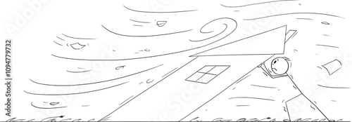 Person trying to save family house from strong wind or storm , vector cartoon stick figure or character illustration.