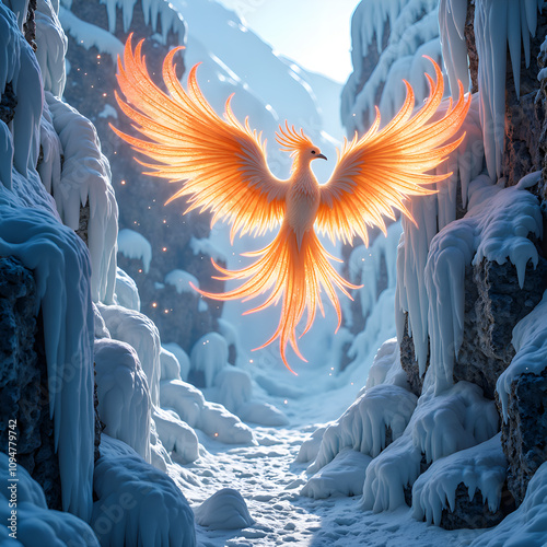 Majestic phoenix soaring through a frozen canyon  a glimpse of mythical beauty and winter s chill, digital art of fantasy concept. photo