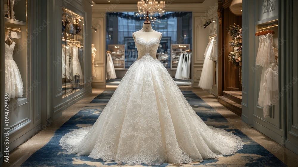 A beautiful white wedding dress elegantly hanging on a mannequin inside a boutique, highlighting its intricate details for bridal shop promotions A beautiful white wedding dress elegantly hanging on a mannequin inside a boutique, highlighting its intricate details for bridal shop promotions