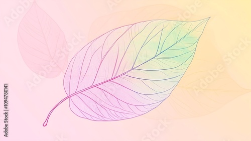 a single-line drawing of an abstract leaf, in a minimalist style, with a pink background and soft pastel color accents. photo