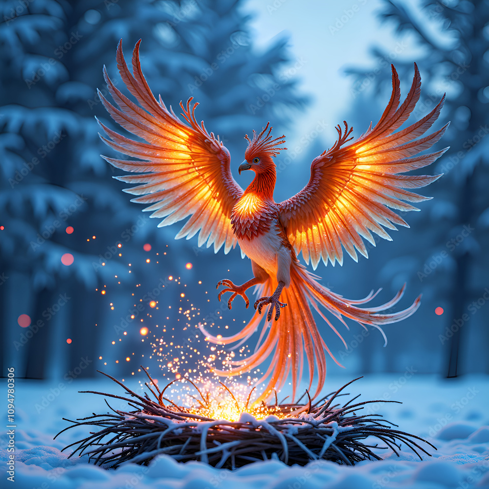 A majestic phoenix rising from a glowing nest in a snowy forest, digital art of fantasy concept. A majestic phoenix rising from a glowing nest in a snowy forest, digital art of fantasy concept.