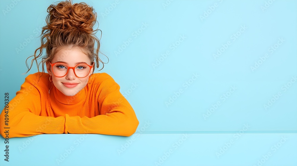 Stylish young woman with glasses in vibrant orange sweater Stylish young woman with glasses in vibrant orange sweater