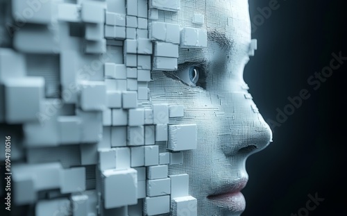 A futuristic 3D illustration of a human face integrated with geometric cubes, symbolizing artificial intelligence, technology, and digital transformation in a modern abstract style photo