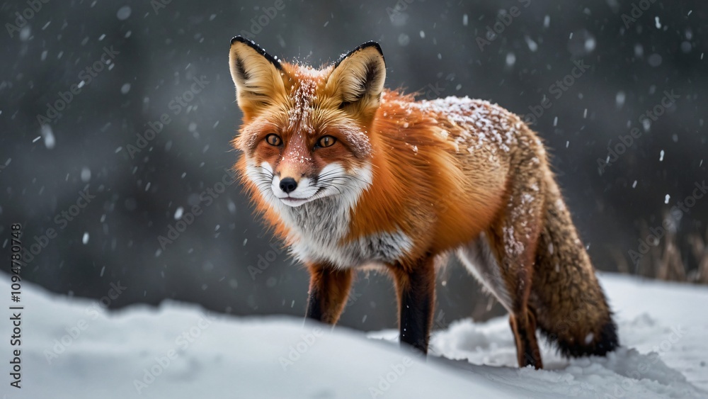A red fox standing in the snow during a snowfall, showcasing its vibrant fur and natural habitat. A red fox standing in the snow during a snowfall, showcasing its vibrant fur and natural habitat.