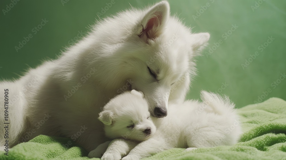 Fototapeta premium A loving Samoyed dog mother nuzzling her adorable puppy on a soft green background, showing tenderness