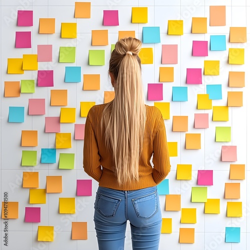 Woman brainstorming ideas with colorful sticky notes on wall