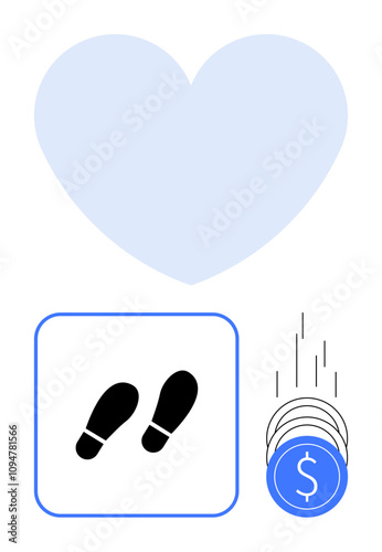 Large heart shape above, footprints inside a blue frame in the middle, and falling coins with a dollar sign. Ideal for fitness goals, love for healthy living, charitable donations, financial success