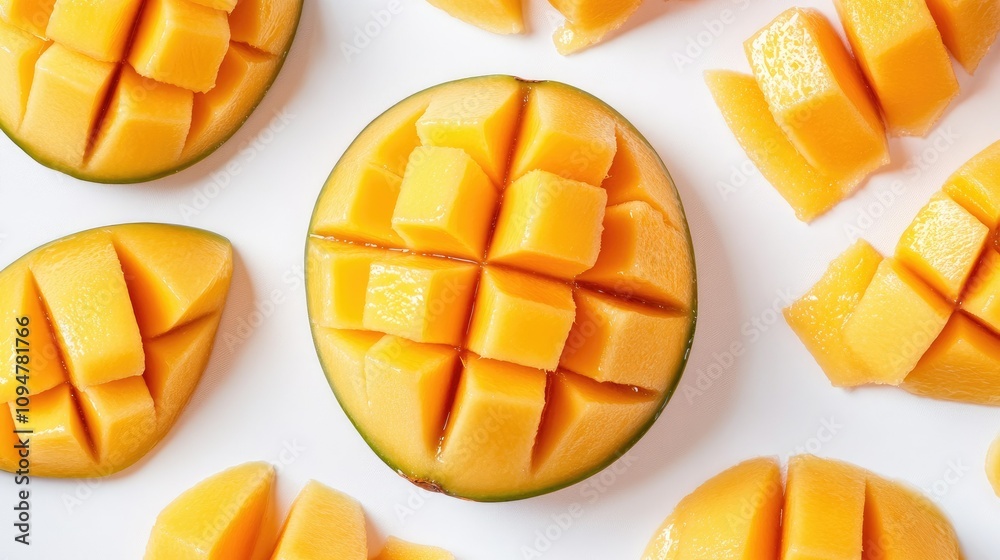 A top-down view of freshly sliced Thai mangoes on a bright white backdrop, perfect for healthy eating and tropical fruit branding A top-down view of freshly sliced Thai mangoes on a bright white backdrop, perfect for healthy eating and tropical fruit branding