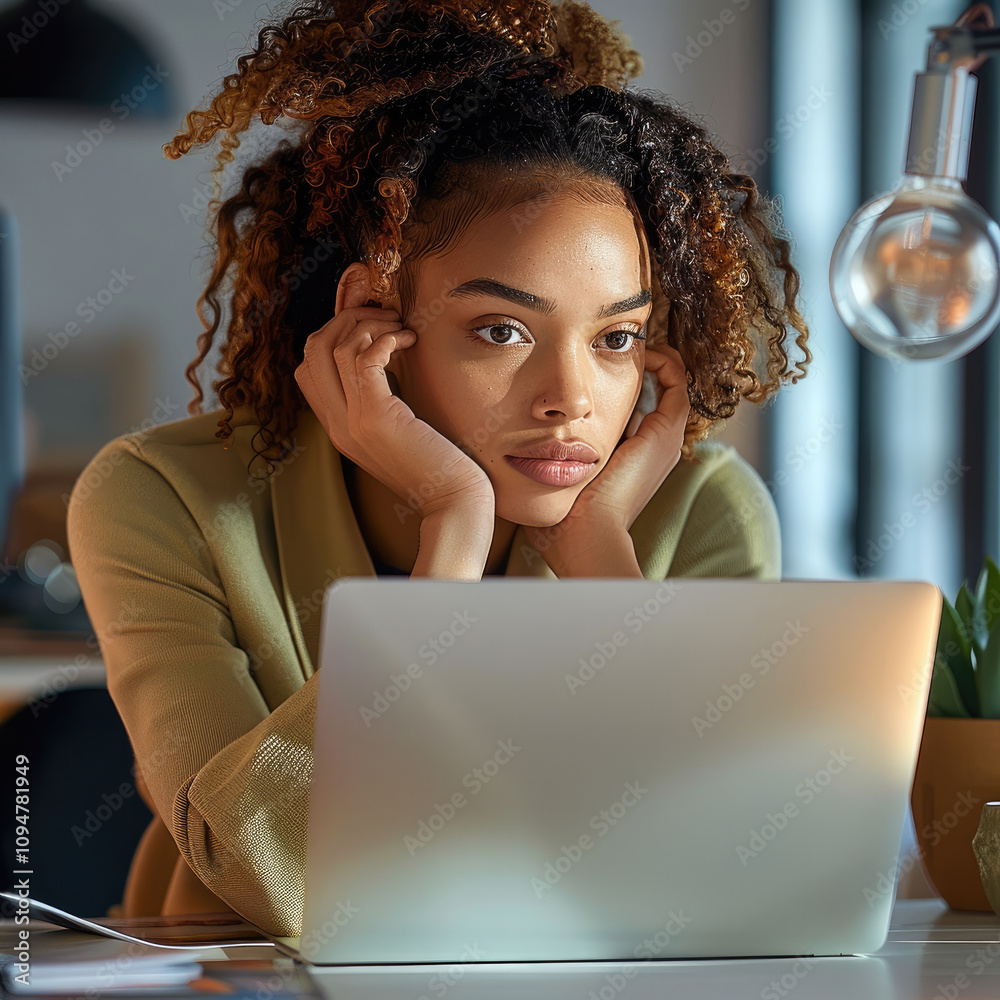 Person Using Computer Graphics Black Black woman graphic designer staring frustratedly at her laptop with ...