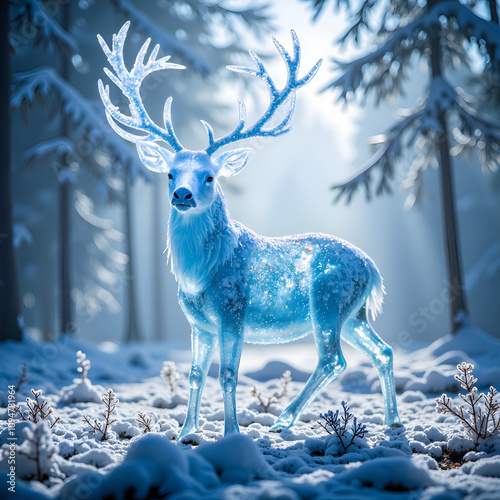 A mystical frostbound stag shimmers in the enchanted winter forest at dawn, digital art of fantasy creature concept. photo