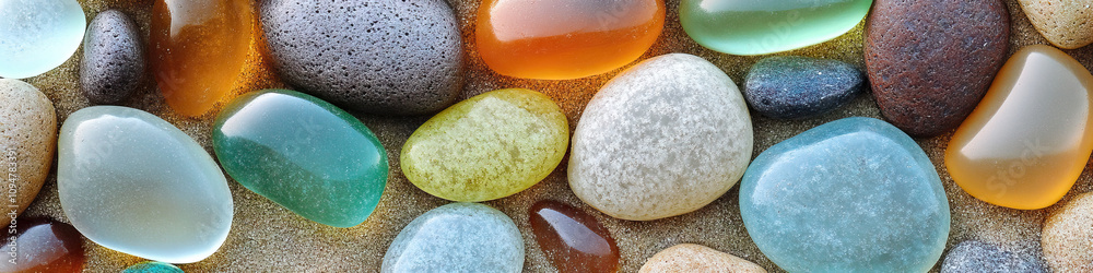 Sea Glass Treasures: A collection of smooth, weathered glass pebbles, scattered along the sand.