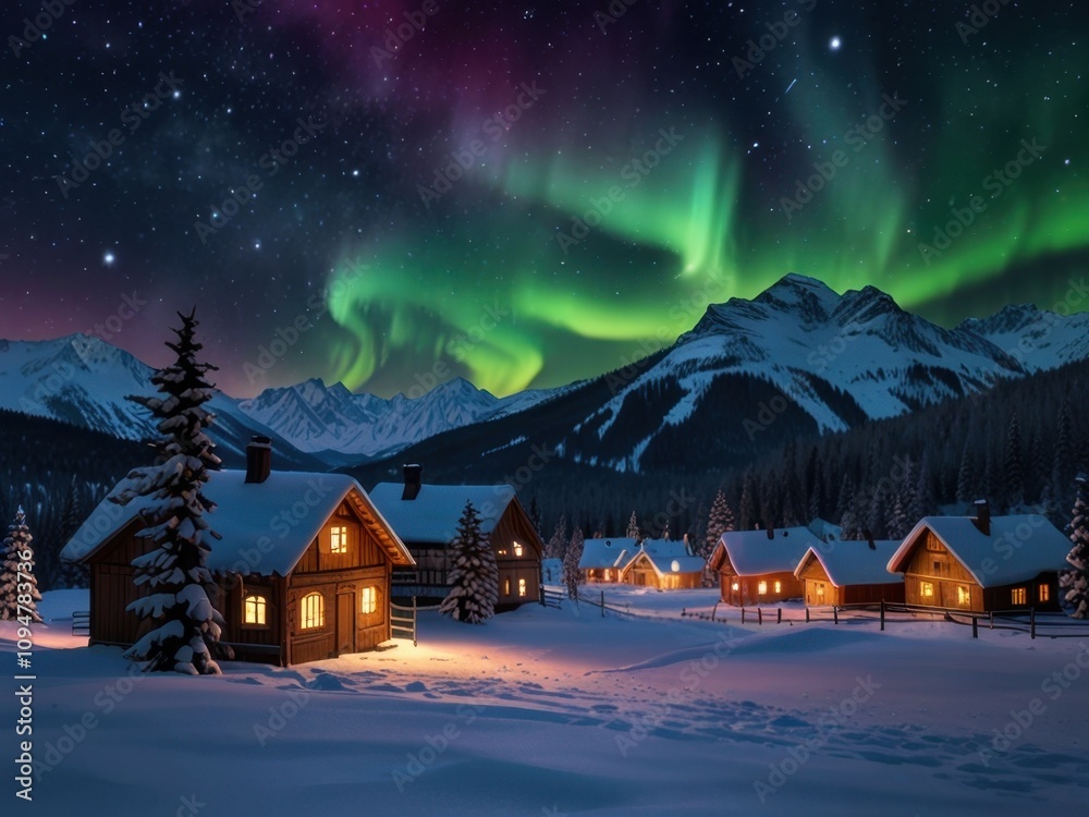 Fototapeta premium Aurora Borealis Over Snowy Mountain Village