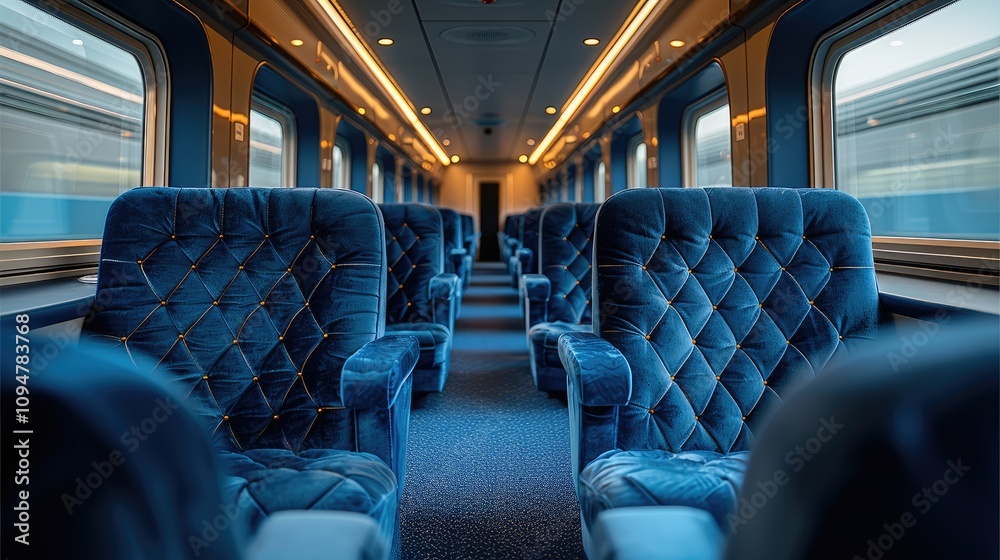 Fototapeta premium New Luxurious navy blue velvet-upholstered seats plush cushioning, elegant stitching inside commuter rail.