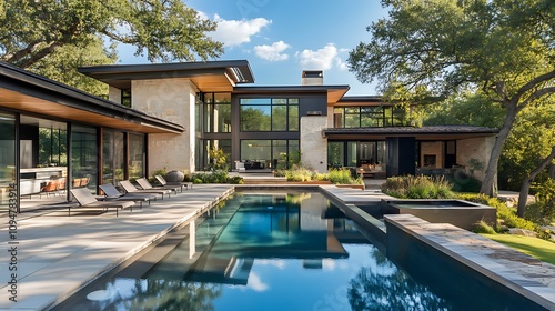 Modern Home with Pool and Lush Greenery in Texas Landscape. AI Generated