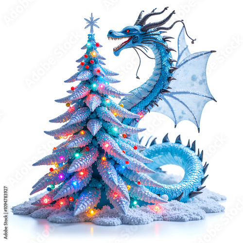 A mythical frostfire dragon adorned with colorful christmas lights beside a beautifully decorated frosty tree, 3d rendering of fantasy art concept. photo