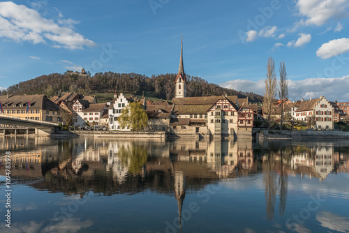 View across the Rhine to the medieval old town of Stein am Rhein with St. Georg abbey and Hohenklingen castle, Canton of Schaffhausen, Switzerland