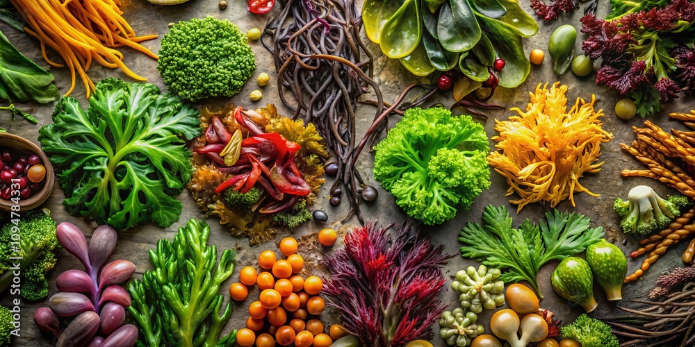 Fototapeta premium Overhead Close-Up of Vibrant Sea Vegetables Displaying Textures and Colors: A Stunning Natural Arrangement for Culinary or Nutritional Use, Celebrating Oceanic Flora Diversity