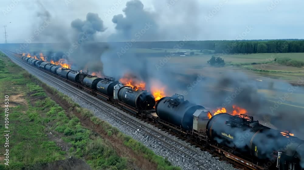 A burning train. Oil or toxic chemicals leak and ignite. Acrid smoke is released into the atmosphere. Flames engulf the train, leaking oil and releasing hazardous smoke into the surrounding air.