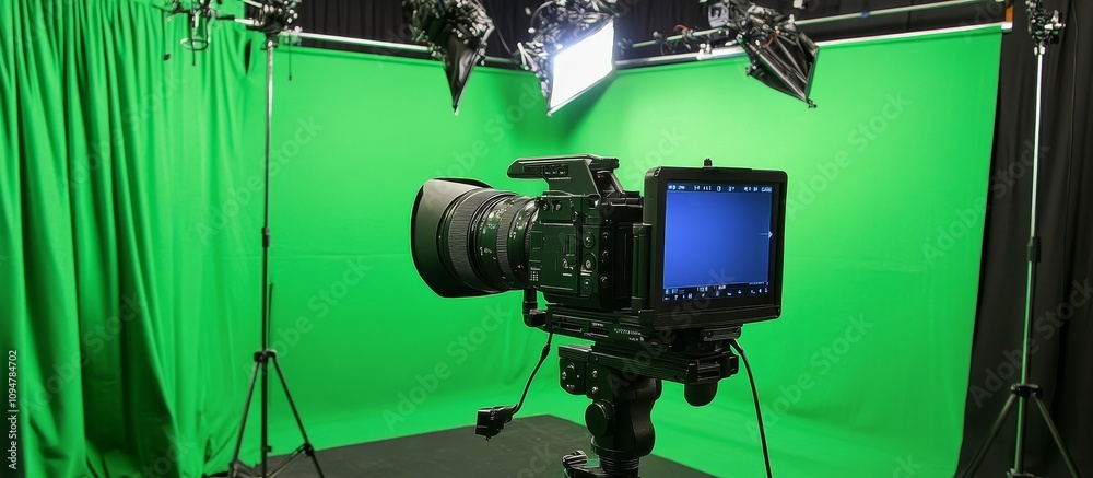 Fototapeta premium Professional Video Camera Setup with Green Screen Background