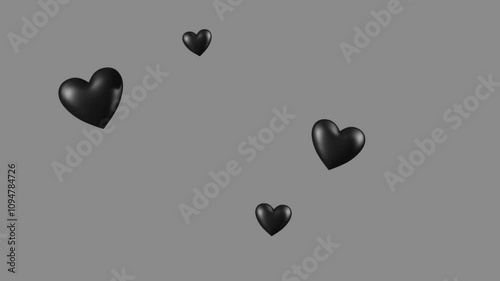 Animation of floating black heart love on grey screen, ideal for creative content on the theme of love and Valentine's Day