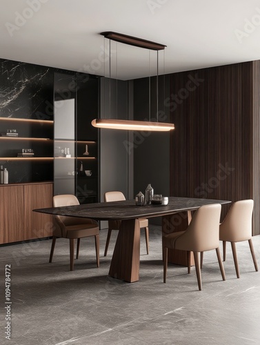 Modern Dining Room With Dark Wood And Marble Accents