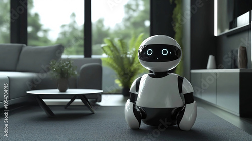 A futuristic AI robot in a modern, minimalist living room featuring large windows, green plants, and contemporary furniture