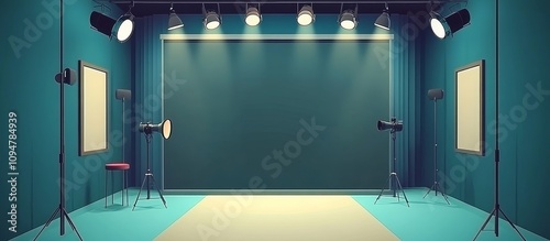 Empty Film Studio with Green Screen and Lighting Equipment