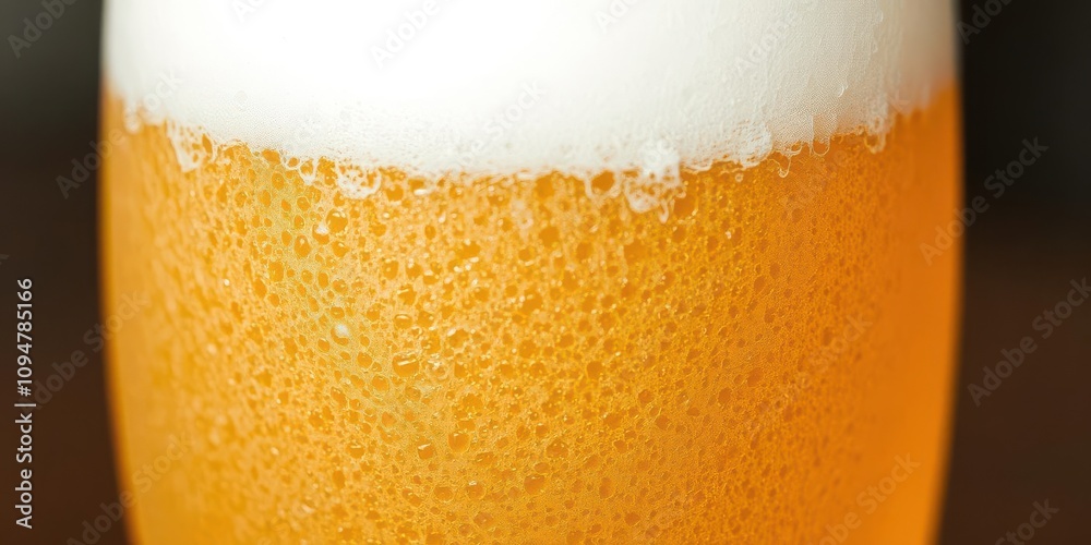 Close-up shot of a beer pint showing the intricate texture of the frothy foam on top, alcohol Close-up shot of a beer pint showing the intricate texture of the frothy foam on top, alcohol