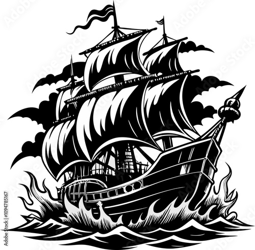 A black and white drawing of a ship with a red flag on the mast