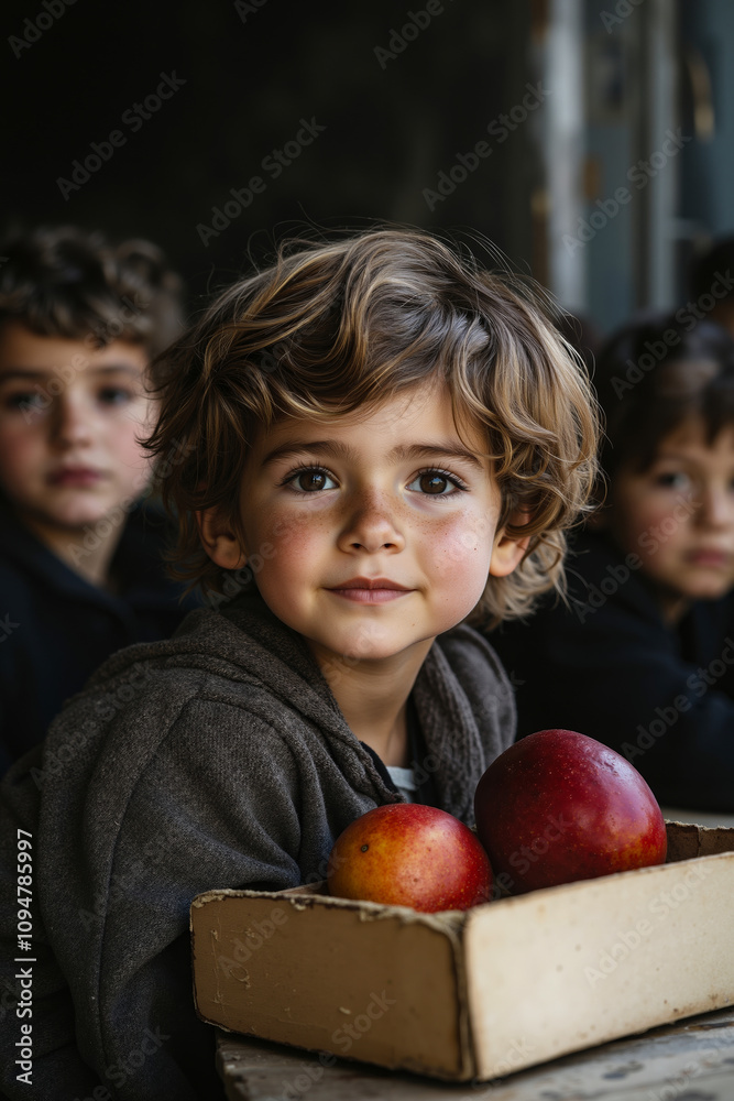 Fototapeta premium A young boy sitting at a table with a box of apples