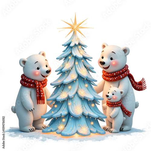 Adorable polar bear family decorating a sparkling christmas tree in a winter wonderland, digital illustration of holiday scene concept.
