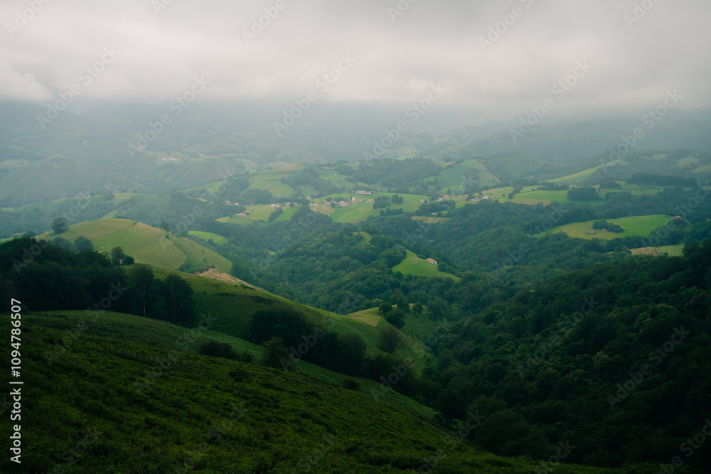 Naklejka premium A breathtaking view of lush green hills unfolds, capturing the serenity of the French Pyrenees on the Camino de Santiago.