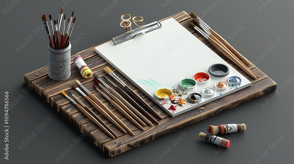 A well-organized artist's setup, showcasing a wooden palette, paintbrushes, a clipboard, and paint tubes. A well-organized artist's setup, showcasing a wooden palette, paintbrushes, a clipboard, and paint tubes.