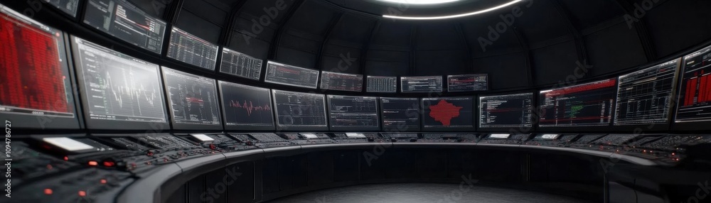 Fototapeta premium A futuristic control room featuring multiple screens, a circular design, and a high-tech atmosphere, ideal for advanced operations and monitoring.