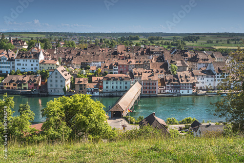 View of the medieval old town of Diessenhofen with historic wooden bridge, Canton of Thurgau, Switzerland