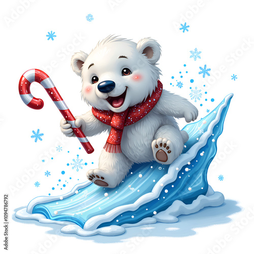 Cute polar bear cub with candy cane sliding on ice in a winter wonderland, digital art of character illustration concept. photo